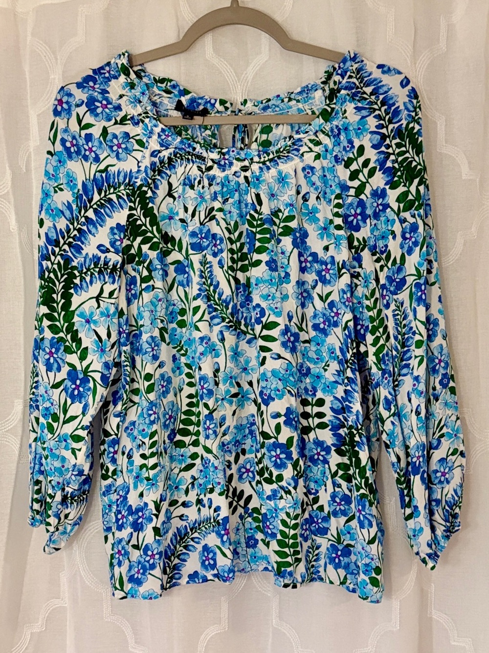 Talbots Medium Blue Green Botanical Floral Peasant Blouse
